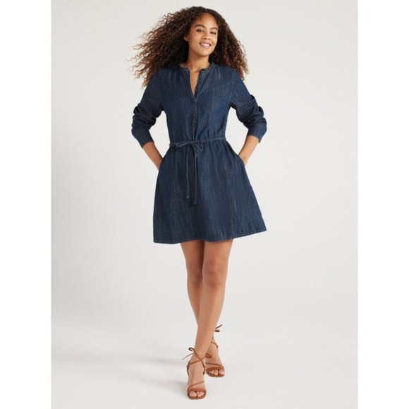 Free Assembly Women’s Denim Ruffle Neck Mini Dress - Picture 2 of 5